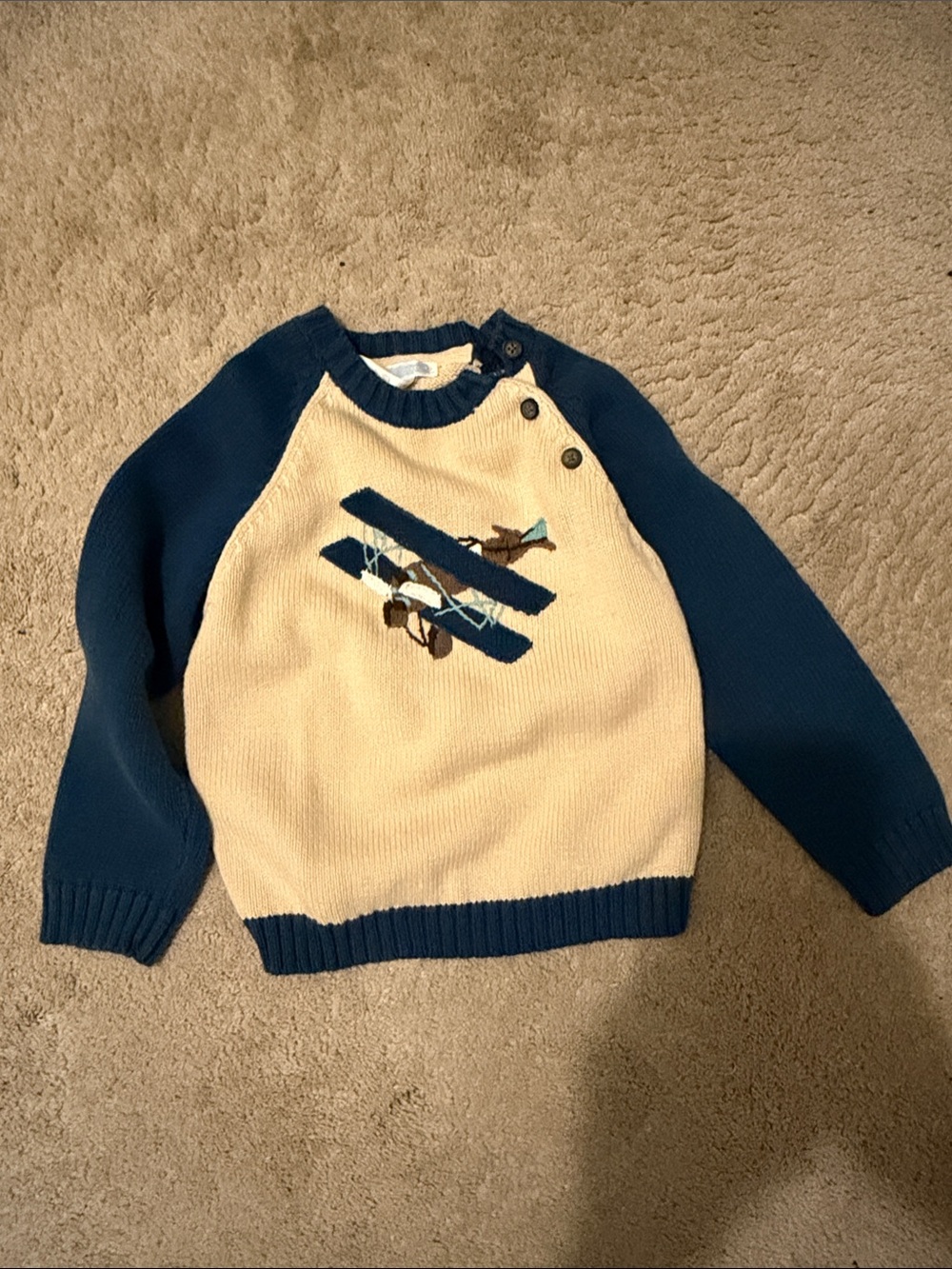 Janie and Jack Cream and Navy Airplane Knit Sweater